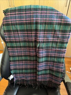 J. Crew Dark Green and Hot Pink Plaid Fringe Scarf Made in Italy